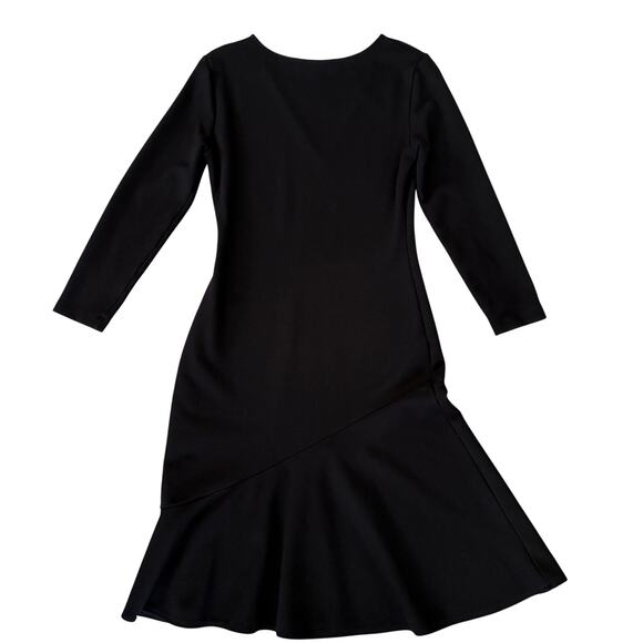 French Connection Black V Neck Midi Dress Flowy Hem Minimalist Chic Stretch - Picture 5 of 5